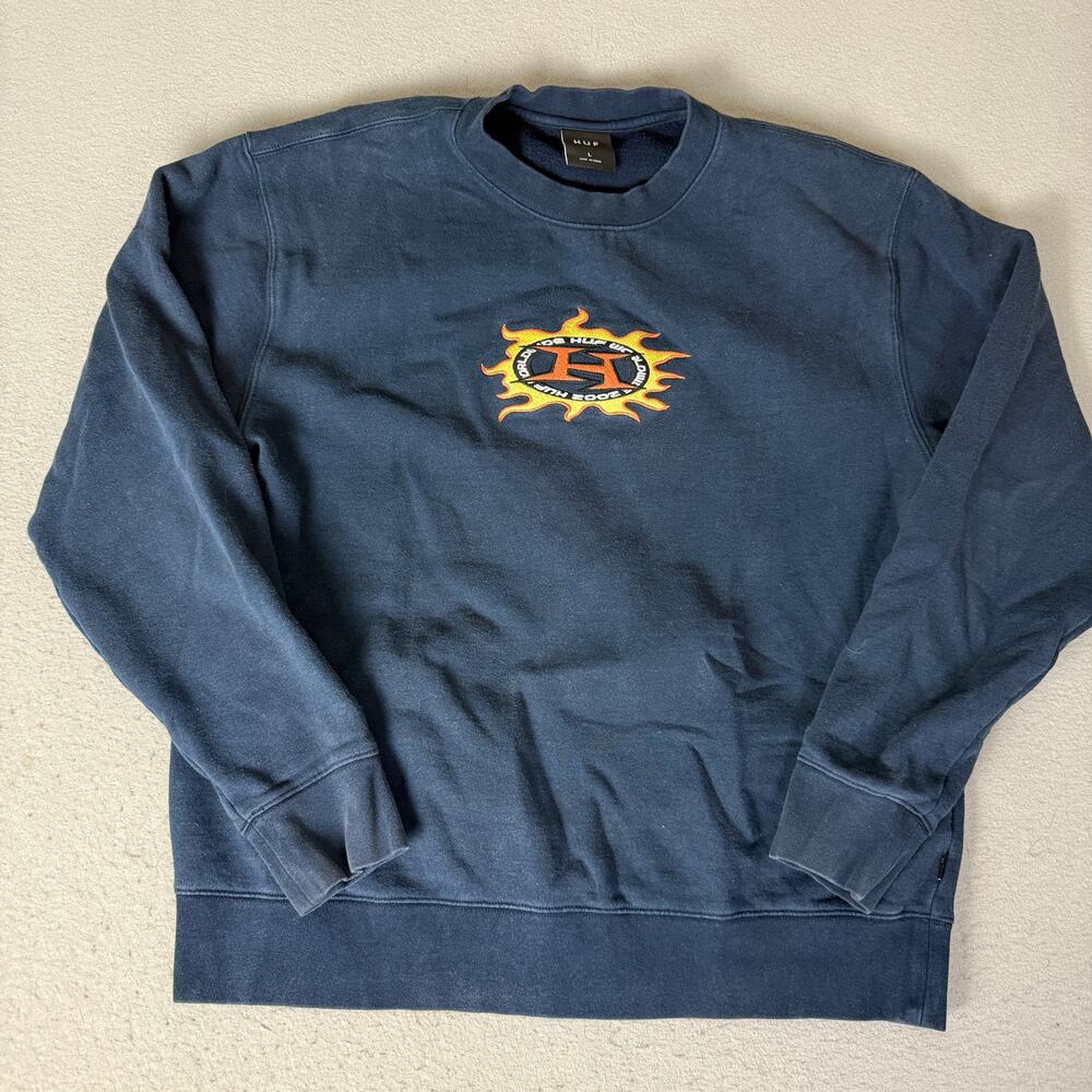 HUF Worldwide Since 2002 Flame Logo Embroidered Navy Crewneck Sweatshirt L